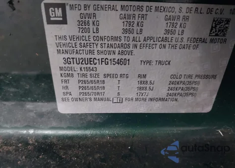 2015 GMC Sierra 1500 Sle z USA, uszkodzony, nr VIN 3GTU2UEC1FG154601